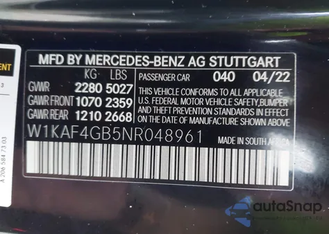 2022 Mercedes-Benz C 300 Sedan from USA, damaged, VIN W1KAF4GB5NR048961